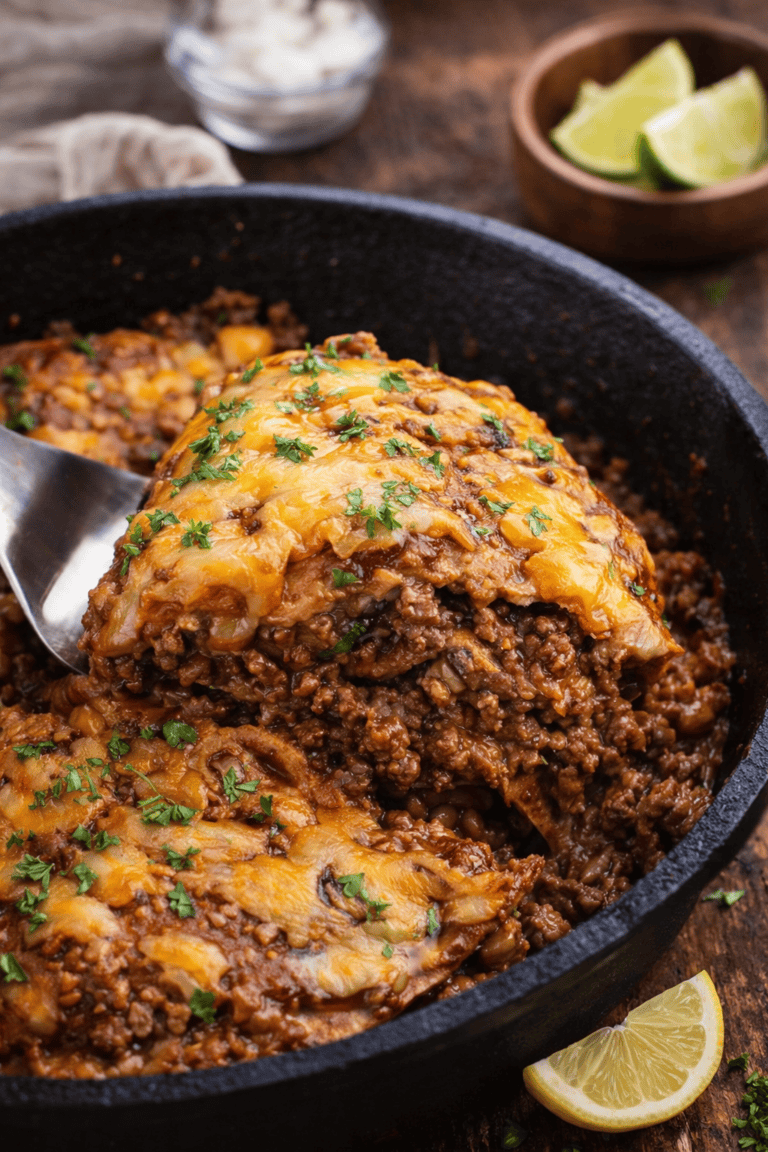 5 Ingredient BBQ Beef Tortilla Pie (Cheesy, Saucy & Family-Friendly)